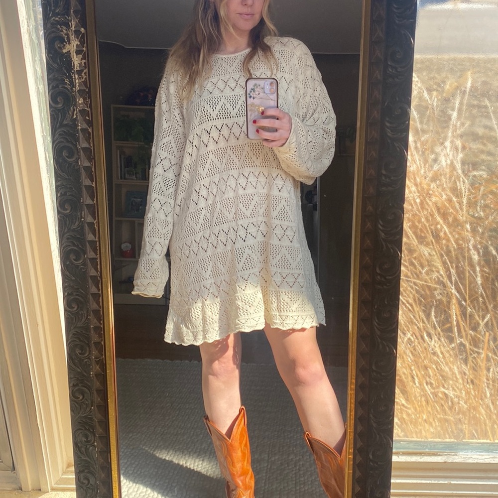 Cream crochet dress.